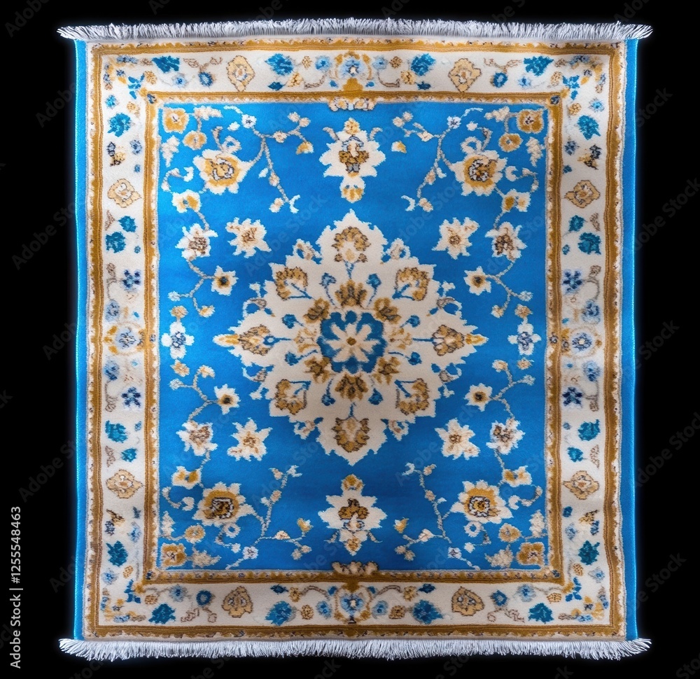 Elegant blue floral patterned oriental rug with intricate design and fringe detailing Elegant blue floral patterned oriental rug with intricate design and fringe detailing