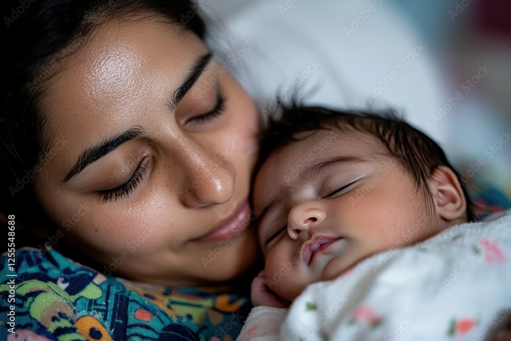 A beautiful image of a mother cradling her peacefully sleeping baby, showcasing the warmth and tranquility of their relationship while eliciting feelings of joy and love. A beautiful image of a mother cradling her peacefully sleeping baby, showcasing the warmth and tranquility of their relationship while eliciting feelings of joy and love.