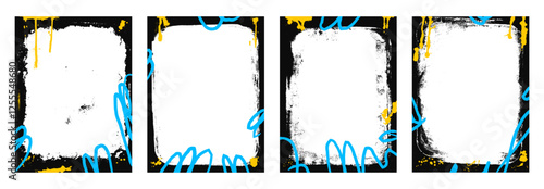 Grunge vertical poster. Spray art background frames set. Border graffiti template with airbrush lines. Ink paint punk decor for photo. Retro texture banners set overlay Vector abstract illustration.