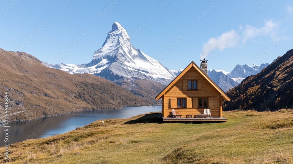 Cozy wooden cabin in idyllic alpine scenery with majestic mountain views and clear blue sky Cozy wooden cabin in idyllic alpine scenery with majestic mountain views and clear blue sky