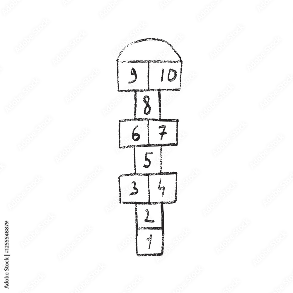 Hopscotch game isolated on white background. Children playground outdoor entertainment. Vector crayon drawn illustration. Hopscotch game isolated on white background. Children playground outdoor entertainment. Vector crayon drawn illustration.