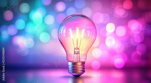 A glowing light bulb radiates vibrant colors, representing innovation and inspiration against a backdrop filled with soft, colorful lights