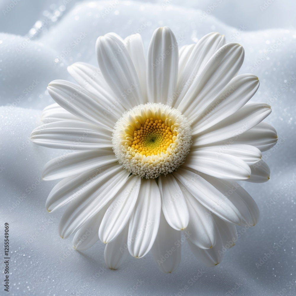 Obraz premium Serene white daisy with yellow center on textured surface with droplets.