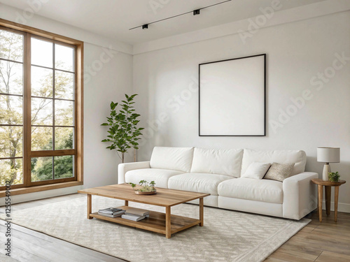 A stylish and elegant living space featuring a neutral color palette and large windows
