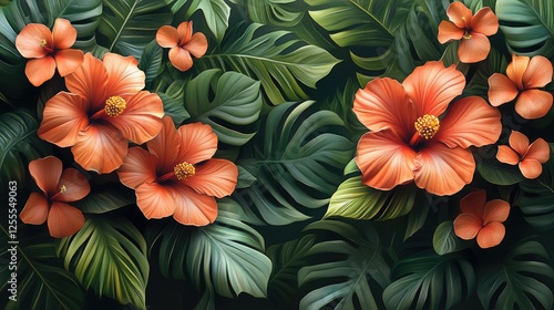 Wallpaper Mural Vibrant hibiscus flowers surrounded by lush green leaves in a tropical setting Torontodigital.ca