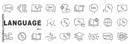 Set of language related line icons. Translator, talk, global etc. Editable stroke. Set 2