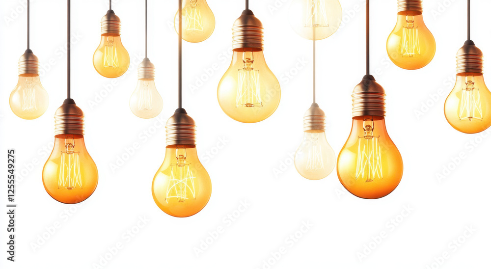 A group of hanging light bulbs illuminates the area with a warm glow, contrasting beautifully against a clean white backdrop A group of hanging light bulbs illuminates the area with a warm glow, contrasting beautifully against a clean white backdrop