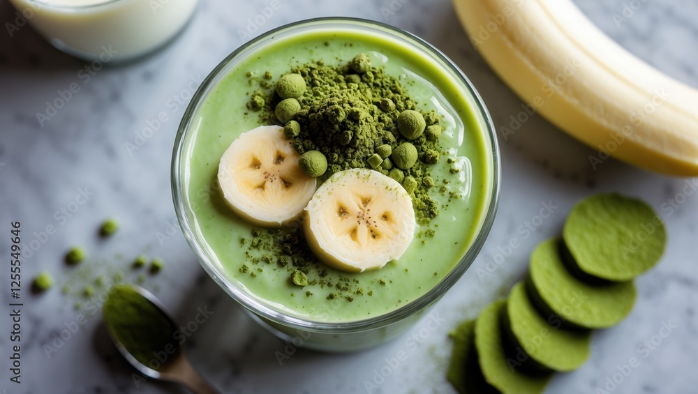 Refreshing green smoothie with banana and matcha powder Refreshing green smoothie with banana and matcha powder