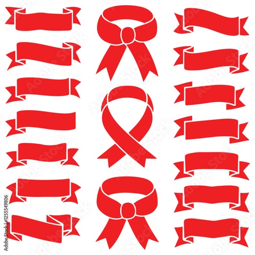 3d realistic red ribbons set. Ribbons collection isolated on white background. Design element, decorative sticker. Cute folded ribbon for sale banner, advertisement, celebrations. Vector illustration