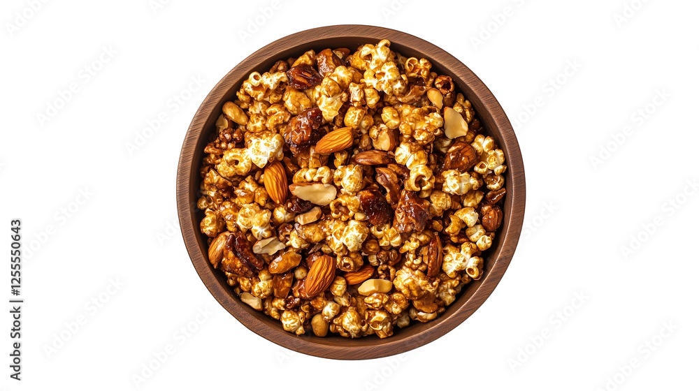 Caramel popcorn with mixed nuts snacks in wooden bowl side top down view, white background
Caramel popcorn with mixed nuts snacks in wooden bowl side top down view, white background