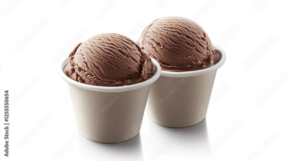 Two scoops chocolate ice cream cups, white background. Food photography for menus Two scoops chocolate ice cream cups, white background. Food photography for menus