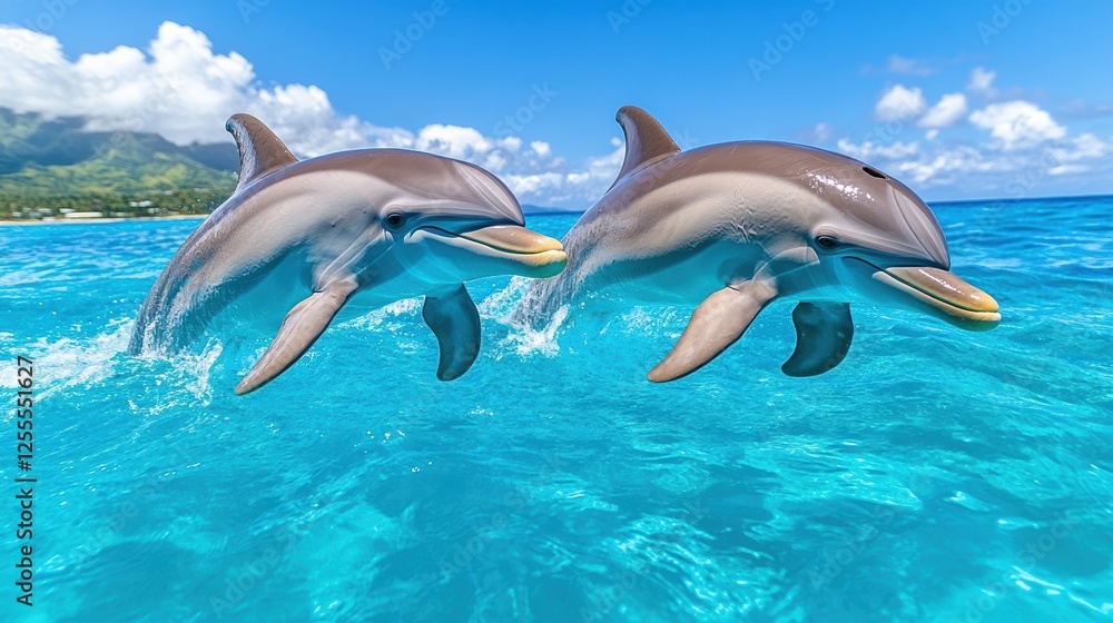 Obraz premium Playful dolphins leaping in crystal blue ocean waters under clear skies