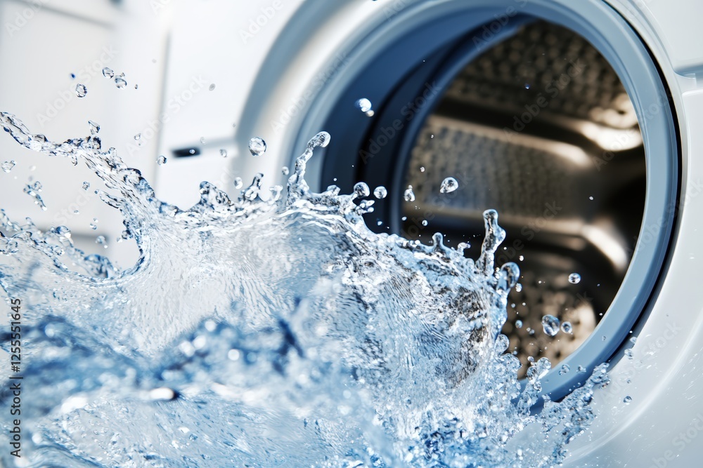 Splashing water emerging from washing machine drum Splashing water emerging from washing machine drum
