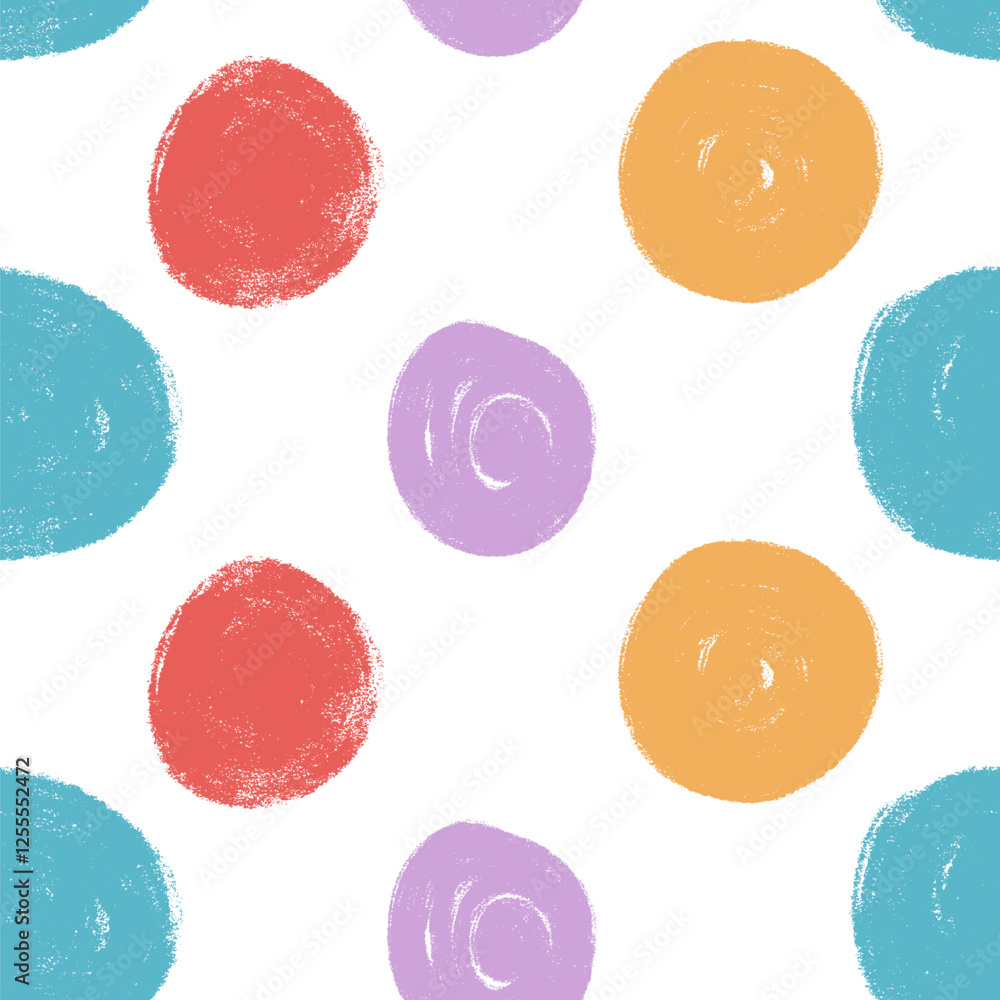 Polka dots abstract seamless pattern crayon drawn. Circular spots allover background. Round brush blobs repeat cover. Scribble oval elements marker draw. Vector surface design festive motif. Polka dots abstract seamless pattern crayon drawn. Circular spots allover background. Round brush blobs repeat cover. Scribble oval elements marker draw. Vector surface design festive motif.