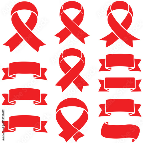 3d realistic red ribbons set. Ribbons collection isolated on white background. Design element, decorative sticker. Cute folded ribbon for sale banner, advertisement, celebrations. Vector illustration