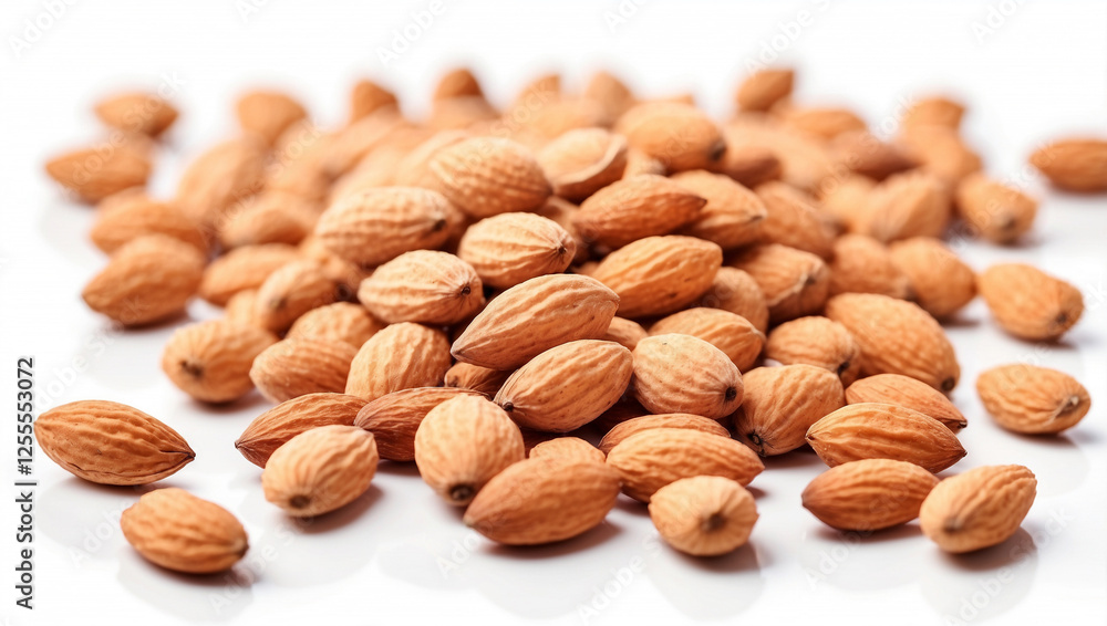A Close-Up of Delicious Almonds Isolated on a White Background for Nutty Treats A Close-Up of Delicious Almonds Isolated on a White Background for Nutty Treats