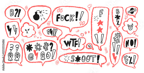 Speech bubbles with swear words. Curse crayon doodle text. Bad bulling expression on chat dialog boxes. Aggressive swearwords isolated on white background. Haters signs. Vector hand drawn illustration