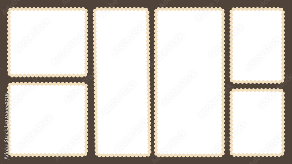 Obraz premium Scallop edged frame template set. Bento box rectangle borders shapes. Geometry modular moodboard with perforation. Lace frill pack. Trendy blocks blank layout. Vector flat illustration.