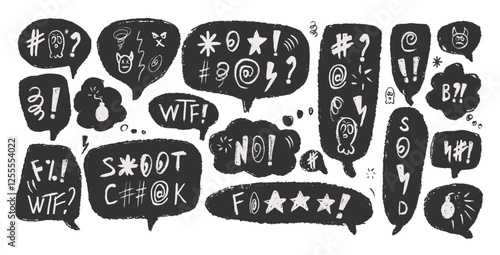 Speech bubbles with swear words. Curse crayon doodle text. Negative expression on chat textboxes. Aggressive swearwords isolated on white background. Vector hand drawn illustration.