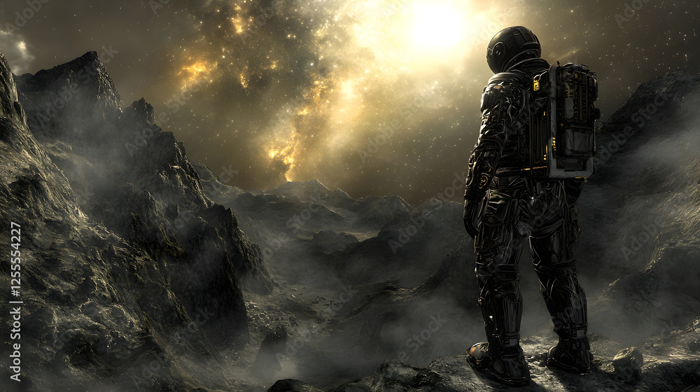 Man standing on rocky mountain peak observing starry night sky in virtual reality exploration Man standing on rocky mountain peak observing starry night sky in virtual reality exploration