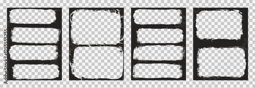 Grunge photo frames set templates. Ink paint border with rough edges for poster and banner. Retro textured overlays. Rectangular old black flyers on transparent background. Vector illustration.