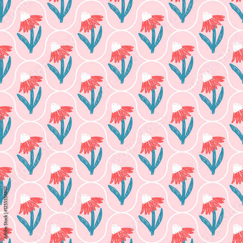 Flowers crayon drawn seamless pattern. Floral allover background. Damask botanic repeat backdrop. Surface pattern design spring ogee motif. Vector hand drawn illustration.