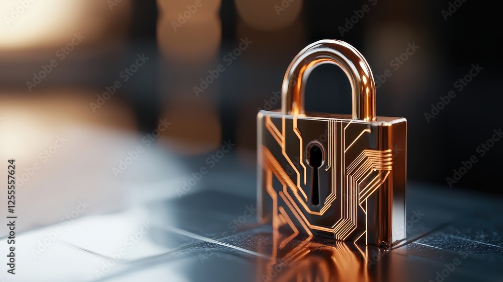Modern Padlock with Circuit Patterns on a Reflective Surface Modern Padlock with Circuit Patterns on a Reflective Surface