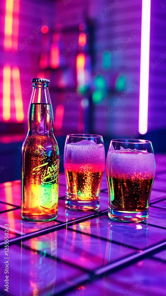 Colorful bar setting with illuminated drinks and bottles during a nighttime gathering Colorful bar setting with illuminated drinks and bottles during a nighttime gathering