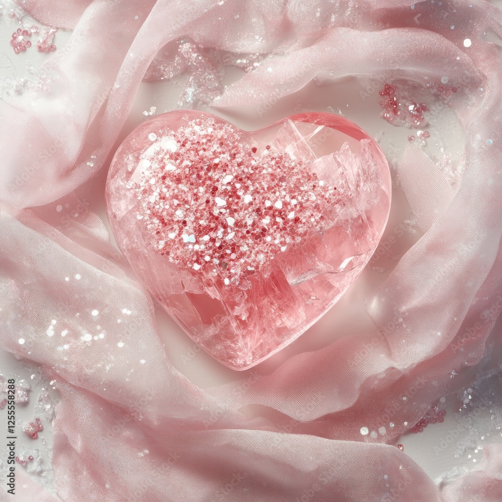 Fototapeta premium Pink heart crystal, silk fabric, glitter, love. Valentine's Day gift