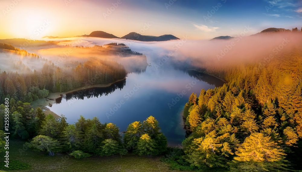 Fototapeta premium Golden sunrise illuminating misty lake and forest landscape