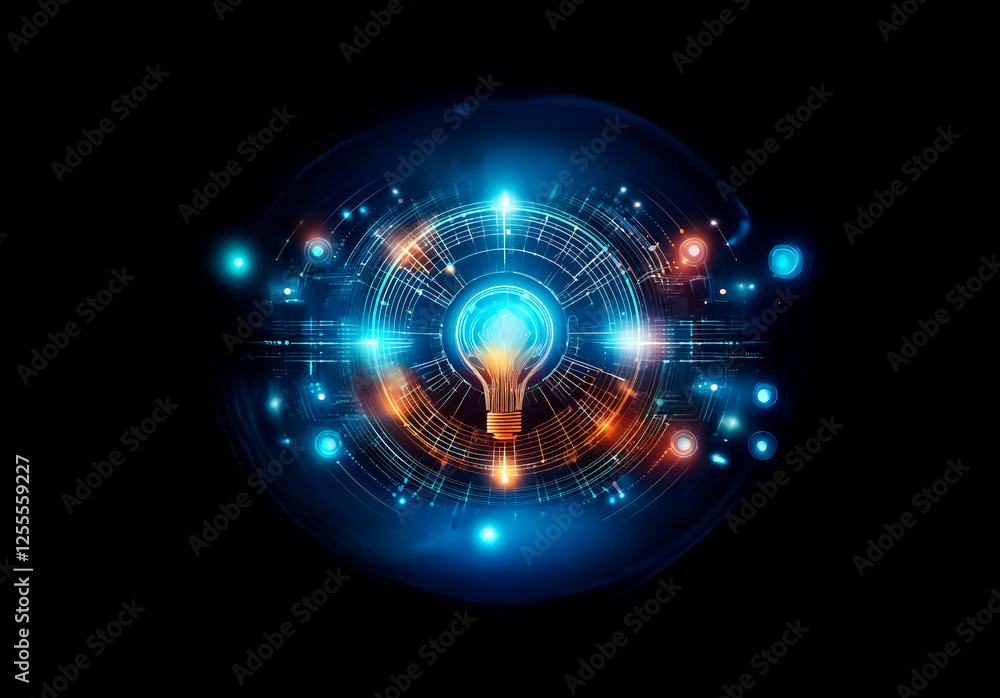 Fototapeta premium A stylized lightbulb radiates bright blue and orange energy, surrounded by digital circuit-like elements, creating a futuristic and innovative design on a dark backdrop.