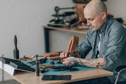 Businessman making leather goods in workshop