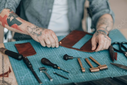 Businessman crafting leather on mat at workbench photo