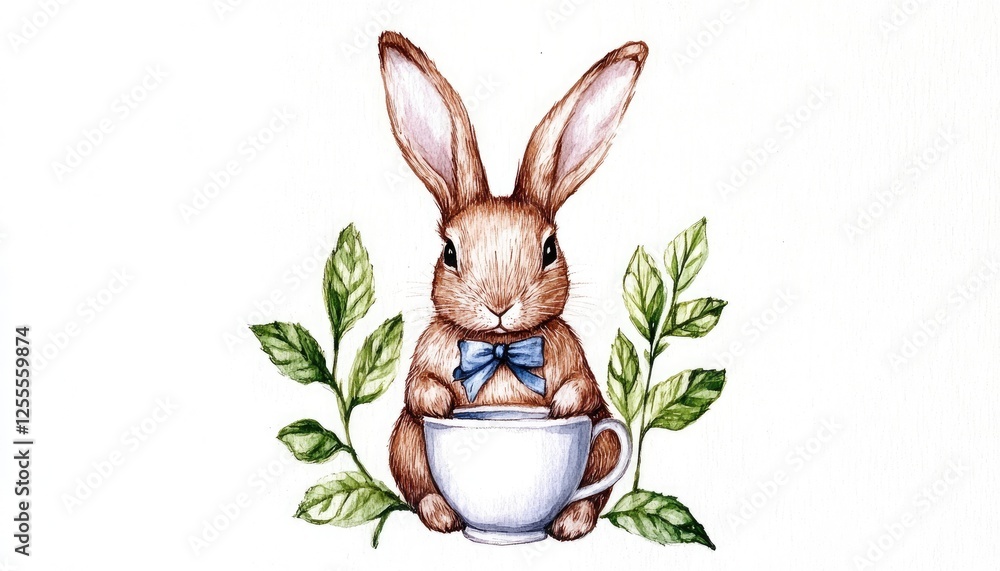 Obraz premium Cute rabbit sitting in a teacup surrounded by green leaves, whimsical illustration