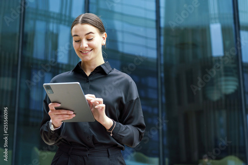 Young professional using tablet outdoors in an urban environment while smiling with confidence photo