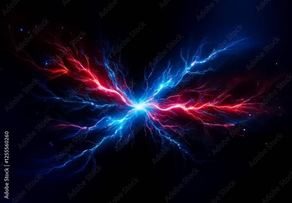 Fototapeta premium Vivid red and blue lightning strikes collide against a dark backdrop, creating a dynamic display of energy and power. Electric currents branch out in a dramatic and abstract composition.