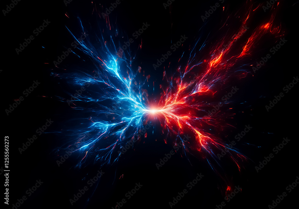 Dynamic display of opposing forces, red and blue energy streams colliding and exploding against a stark black background. Dynamic display of opposing forces, red and blue energy streams colliding and exploding against a stark black background.