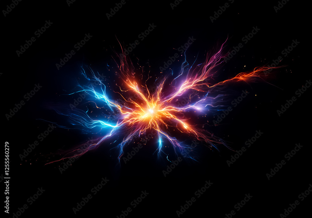A vibrant burst of energy explodes outwards on a dark backdrop. Electric streaks of blue and orange emanate from a bright central point, creating a dynamic and powerful display of light and motion. A vibrant burst of energy explodes outwards on a dark backdrop. Electric streaks of blue and orange emanate from a bright central point, creating a dynamic and powerful display of light and motion.