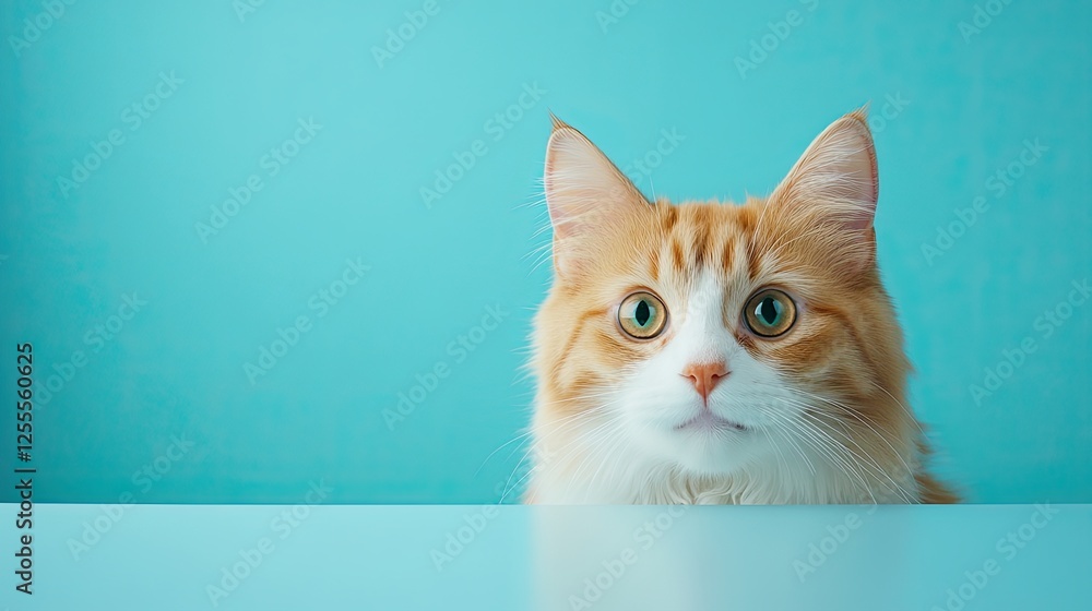 A curious orange cat peeks over a table against a vibrant blue background. A curious orange cat peeks over a table against a vibrant blue background.