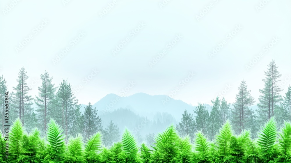 Fototapeta premium Serene forest landscape with lush ferns and misty mountains in the background