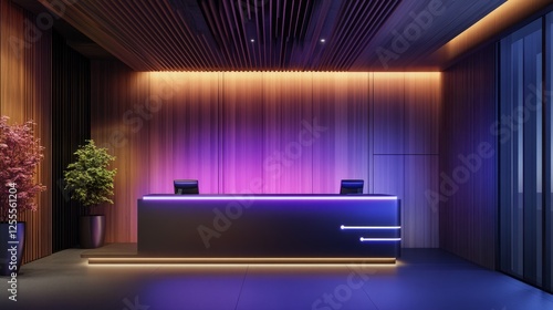 Cutting-edge reception area with a floating digital counter  biometric access  and smart lighting