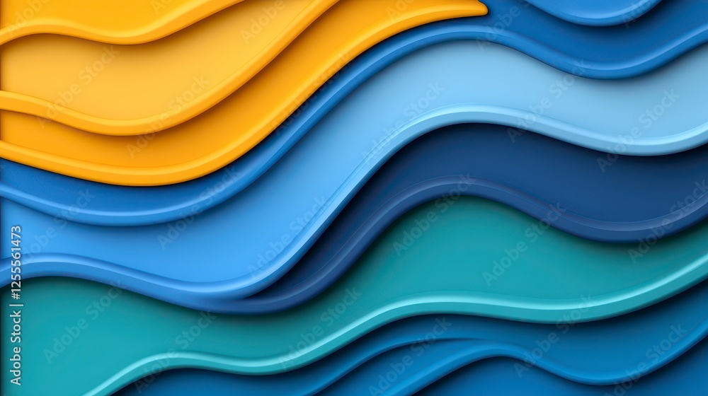 Obraz premium Abstract wavy layered design with various shades of blue and yellow, creating a smooth 3d effect.
