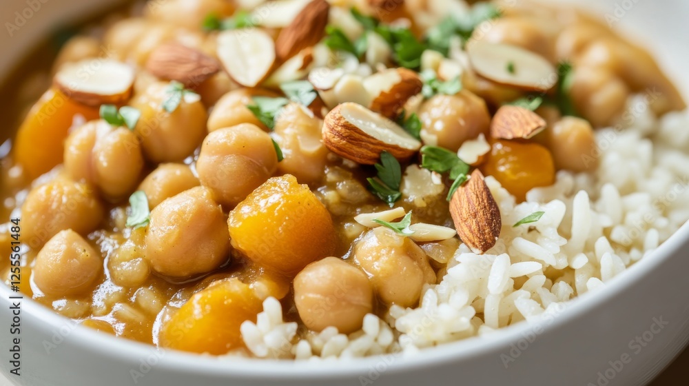 Close-up of rice and Moroccan chickpea stew with apricots and almonds in a white bowl, emphasizing sweet and savory qualities. Ideal for exotic cuisine and healthy meals. Close-up of rice and Moroccan chickpea stew with apricots and almonds in a white bowl, emphasizing sweet and savory qualities. Ideal for exotic cuisine and healthy meals.