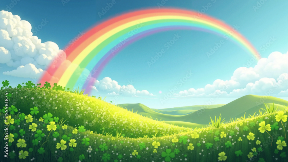 Vibrant St. Patrick's Day Rainbow Over Clover Field: Perfect for Holiday Marketing and Irish-Themed Events Vibrant St. Patrick's Day Rainbow Over Clover Field: Perfect for Holiday Marketing and Irish-Themed Events