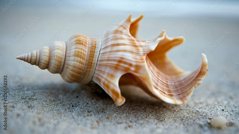 Natural Beige Spiral Seashell on Sandy Beach Background with Copy Space Natural Beige Spiral Seashell on Sandy Beach Background with Copy Space