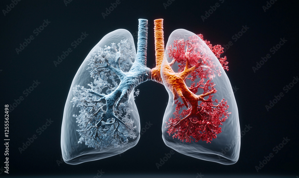 A detailed illustration of human lungs, showcasing one side in blue and the other in red, emphasizing the intricate structure of the respiratory system. A detailed illustration of human lungs, showcasing one side in blue and the other in red, emphasizing the intricate structure of the respiratory system.
