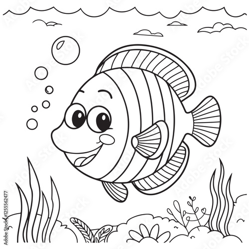 Coloring page outline of cartoon smiling fish. Colorful vector illustration, summer coloring book for kids.