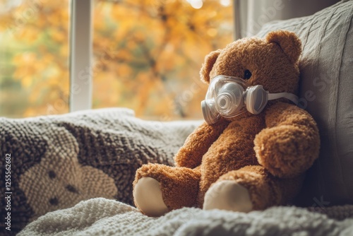 Teddy bear with gas mask on cozy couch during autumn photo