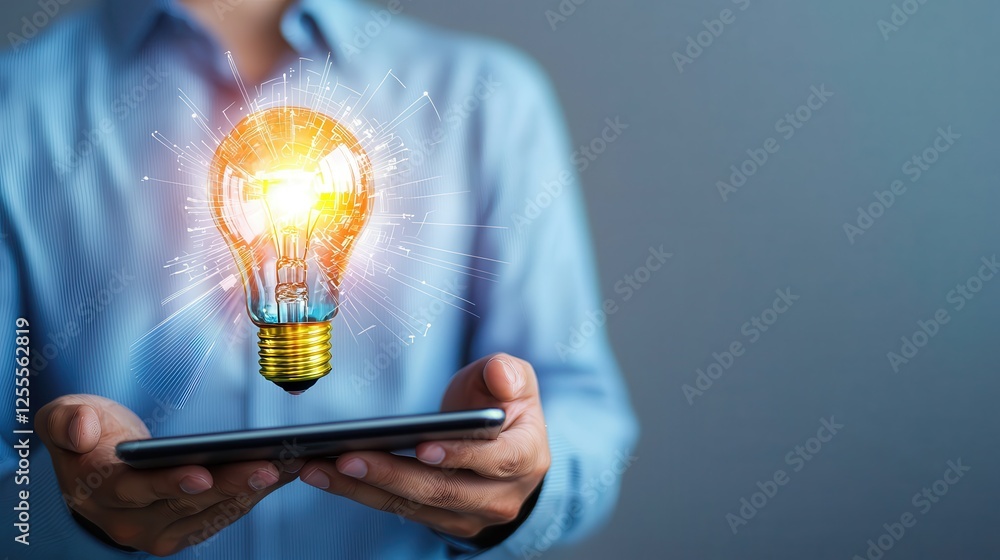 Innovative Idea Concept with Light Bulb Above Tablet Device Innovative Idea Concept with Light Bulb Above Tablet Device