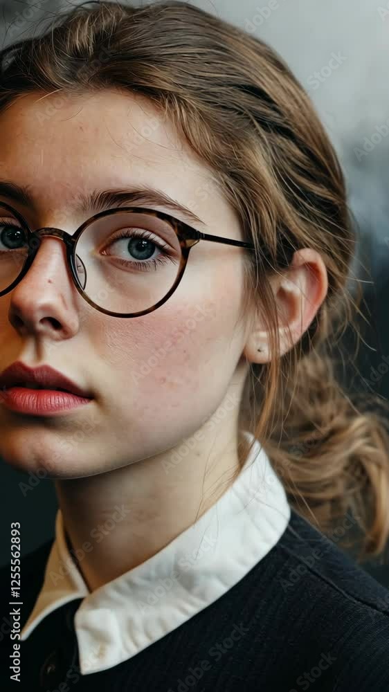 Young woman with glasses poses thoughtfully against a dark background in a modern setting Young woman with glasses poses thoughtfully against a dark background in a modern setting